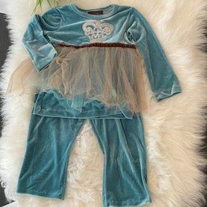 Leopard Daisy Girls Boutique Soft Velour 2pc Set Babydoll Top Pants Bling Tulle